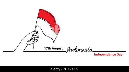 Indonesia independence day simple web banner, background with flag and hand. One continuous line drawing with lettering Indonesia Stock Vector