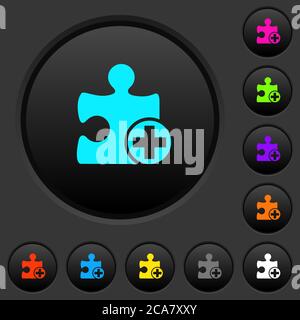 Add new plugin dark push buttons with vivid color icons on dark grey background Stock Vector