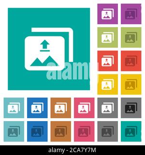 Upload multiple images multi colored flat icons on plain square backgrounds. Included white and darker icon variations for hover or active effects. Stock Vector