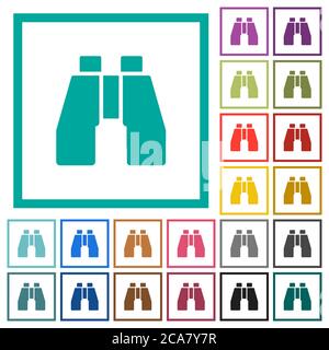Binoculars flat color icons with quadrant frames on white background Stock Vector