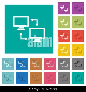 Data syncronization multi colored flat icons on plain square backgrounds. Included white and darker icon variations for hover or active effects. Stock Vector