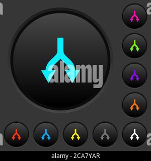 Split arrows down dark push buttons with vivid color icons on dark grey background Stock Vector