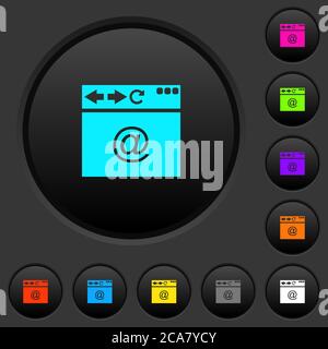Browser email dark push buttons with vivid color icons on dark grey background Stock Vector