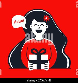 girl gives a gift on the anniversary of a relationship. Flat contrasting character vector illustration. Stock Vector