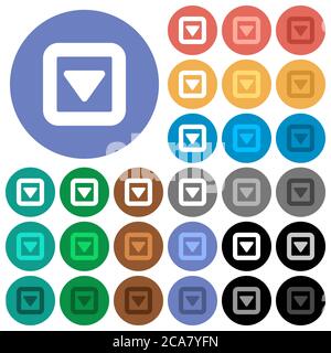 Toggle down multi colored flat icons on round backgrounds. Included white, light and dark icon variations for hover and active status effects, and bon Stock Vector