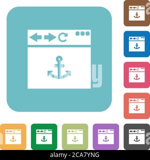 Browser anchor white flat icons on color rounded square backgrounds Stock Vector