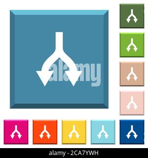 Split arrows down white icons on edged square buttons in various trendy colors Stock Vector