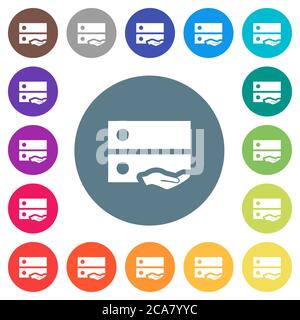 Shared drive flat white icons on round color backgrounds. 17 background color variations are included. Stock Vector