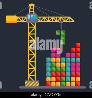 Construction crane builds a constructor. child Game. flat vector illustration. Stock Vector