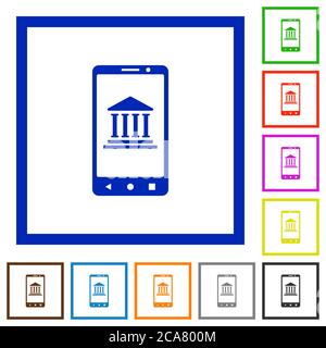 Mobile banking flat color icons in square frames on white background Stock Vector