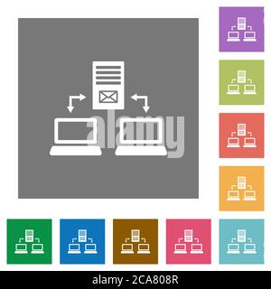 Multiple connections to mail server flat icons on simple color square backgrounds Stock Vector