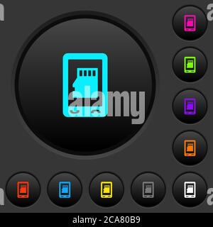 Mobile memory card dark push buttons with vivid color icons on dark grey background Stock Vector