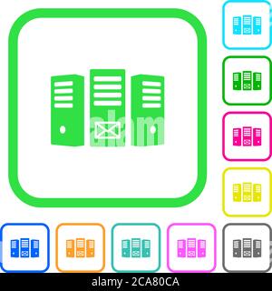 Mail server vivid colored flat icons in curved borders on white background Stock Vector