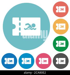 Swimming pool discount coupon flat white icons on round color backgrounds Stock Vector