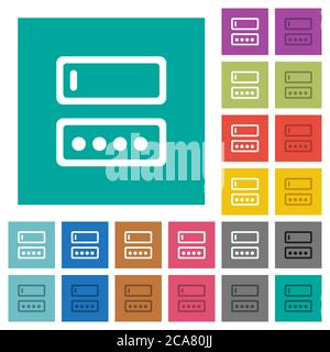 Entering login name and password multi colored flat icons on plain square backgrounds. Included white and darker icon variations for hover or active e Stock Vector