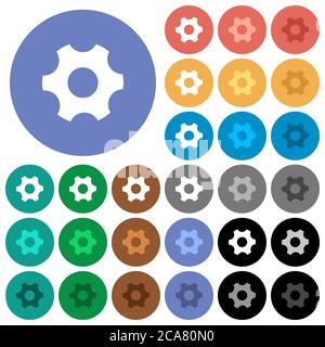 Single cogwheel multi colored flat icons on round backgrounds. Included white, light and dark icon variations for hover and active status effects, and Stock Vector