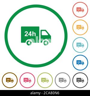 24 hour delivery truck flat color icons in round outlines on white background Stock Vector