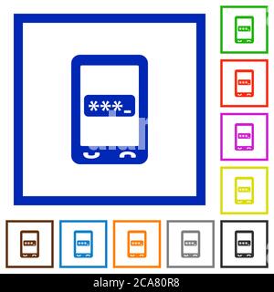 Mobile pin code flat color icons in square frames on white background Stock Vector