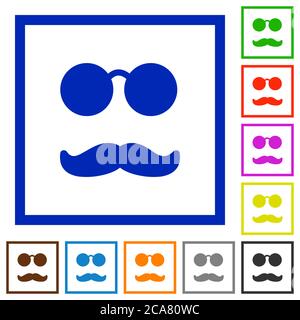 Glasses and mustache flat color icons in square frames on white background Stock Vector