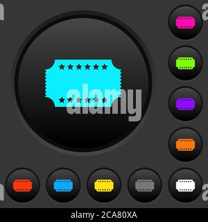Ticket with stars dark push buttons with vivid color icons on dark grey background Stock Vector
