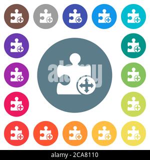 Move plugin flat white icons on round color backgrounds. 17 background color variations are included. Stock Vector