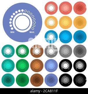 Volume control with captions multi colored flat icons on round backgrounds. Included white, light and dark icon variations for hover and active status Stock Vector