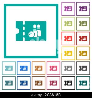 Bowling discount coupon flat color icons with quadrant frames on white background Stock Vector