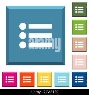 Bullet list white icons on edged square buttons in various trendy colors Stock Vector