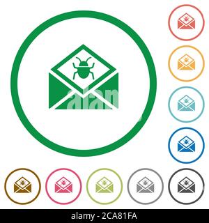 Open mail with malware symbol flat color icons in round outlines on white background Stock Vector