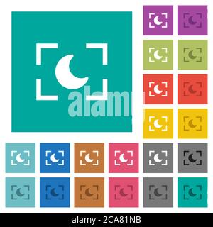 Camera night mode multi colored flat icons on plain square backgrounds. Included white and darker icon variations for hover or active effects. Stock Vector