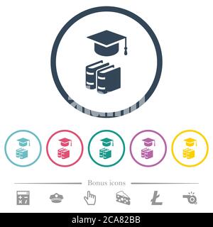 Graduation cap with books flat color icons in round outlines. 6 bonus icons included. Stock Vector
