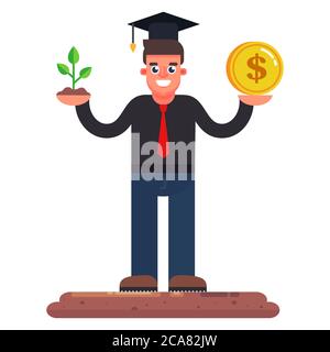the man is engaged in gardening. businessman earns on plants. flat character vector illustration Stock Vector