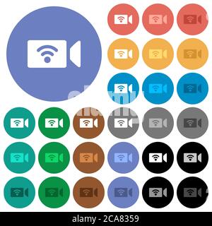 Wireless camera multi colored flat icons on round backgrounds. Included white, light and dark icon variations for hover and active status effects, and Stock Vector