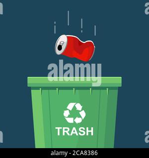 throwing a can in a green trash bin. flat vector illustration Stock Vector