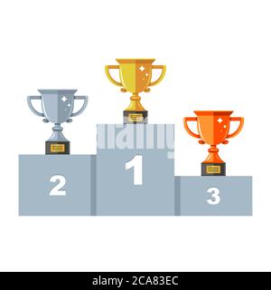 pedestal with three cups. gold, silver and bronze. award ceremony. flat windy illustration. Stock Vector