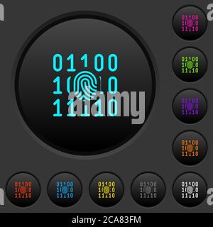Digital fingerprint dark push buttons with vivid color icons on dark grey background Stock Vector