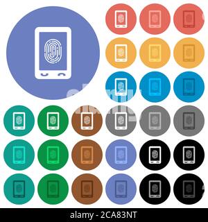 Mobile fingerprint identification multi colored flat icons on round backgrounds. Included white, light and dark icon variations for hover and active s Stock Vector