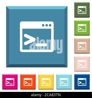 Command prompt white icons on edged square buttons in various trendy colors Stock Vector
