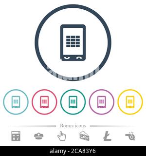 Mobile spreadsheet flat color icons in round outlines. 6 bonus icons included. Stock Vector