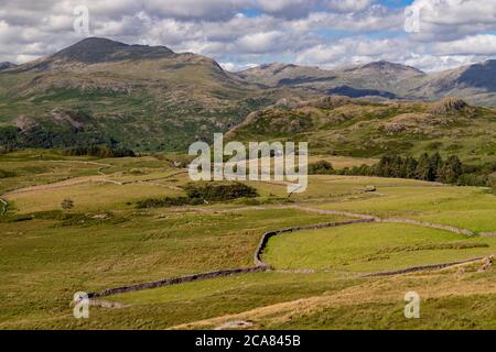 Mountains and farmland at Eskdale in the Lake District, Cumbria, England Stock Photo