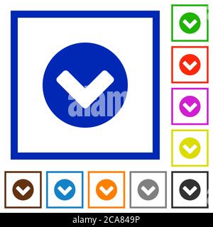 Chevron down flat color icons in square frames on white background Stock Vector