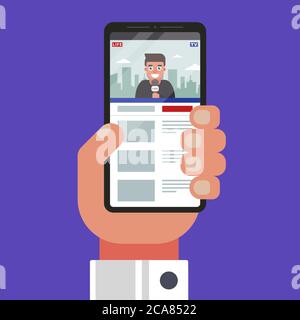 watch video news on a mobile phone. video hosting news. flat vector illustration Stock Vector