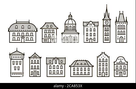 Vintage buildings icons set in linear style. City, town concept Stock Vector