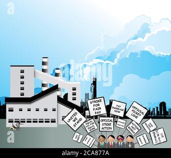 Workers on strike demonstrating with their demands on placards outside factory building set against a blue cloudy sky Stock Vector