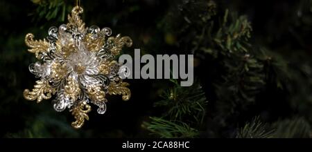 Beautiful Christmas fur-tree decorated with New Year's toy. Christmas 2021 background Stock Photo