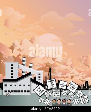 Workers on strike demonstrating with their demands on placards outside factory building set against a dawn or dusk sky Stock Vector