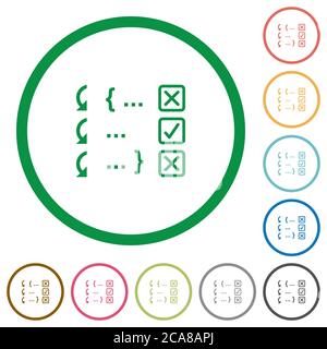 Debugging program flat color icons in round outlines on white background Stock Vector