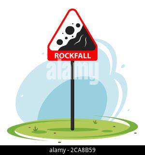 Red road sign rockfall on nature background. flat vector illustration. Stock Vector