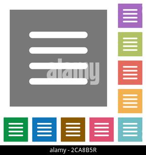 Text align justify flat icons on simple color square backgrounds Stock Vector