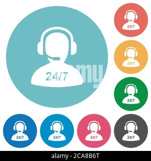 24 hours operator service flat white icons on round color backgrounds Stock Vector